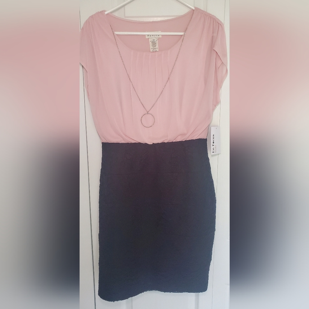 Color Block Soft Pink/Black Lace Dress, 12P, w/ Removable Necklace